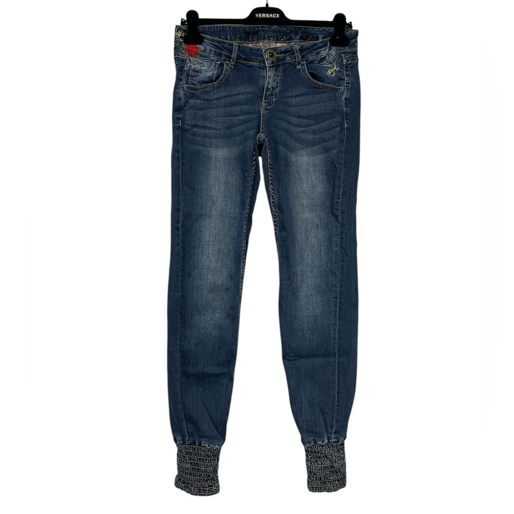 DESIGUAL Ruched Ankle Embroidered Jeans